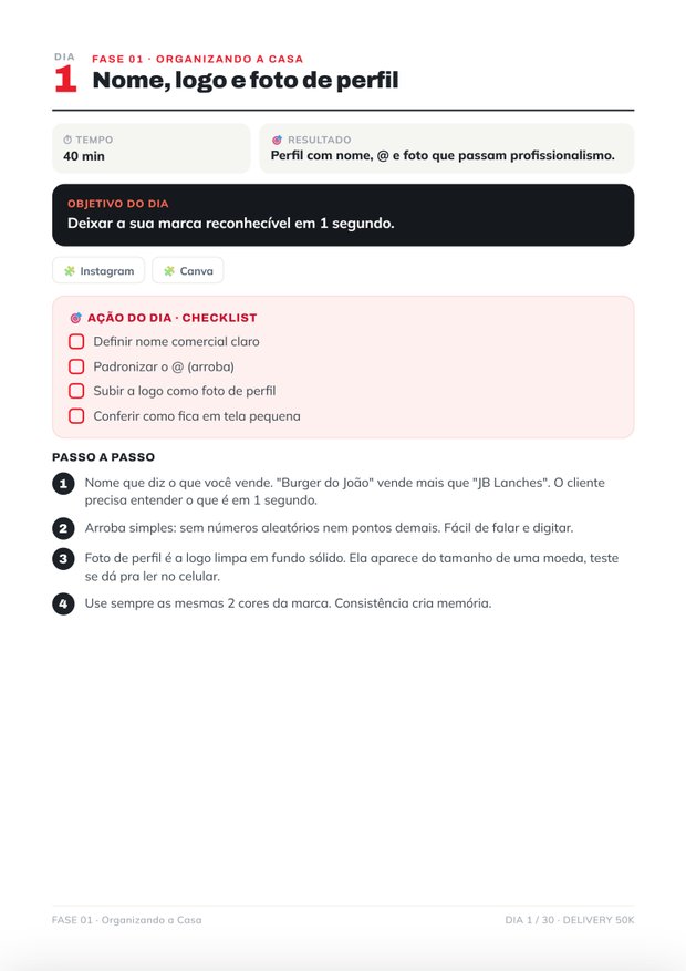 Página de um dia com objetivo, checklist e passo a passo